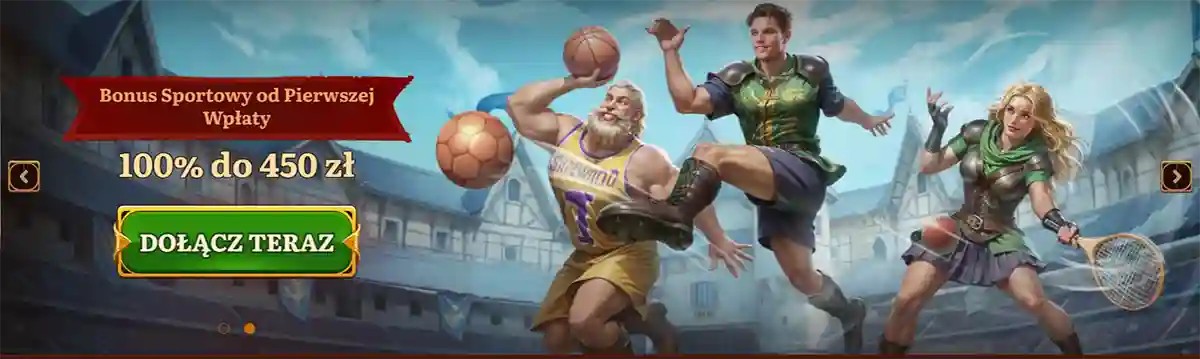 Casino welcome bonus banner featuring fantasy adventurer characters in action poses, with text highlighting a 100% bonus up to €500 plus 200 free spins, and a green “Join Now” call-to-action button on a dramatic, game-themed background.
