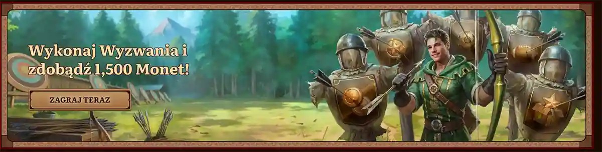 Promotional casino game banner showing a fantasy archer hero standing beside armored knights in a forest setting, with Polish text inviting players to complete challenges and earn 1,500 coins, and a “Play Now” call-to-action button.