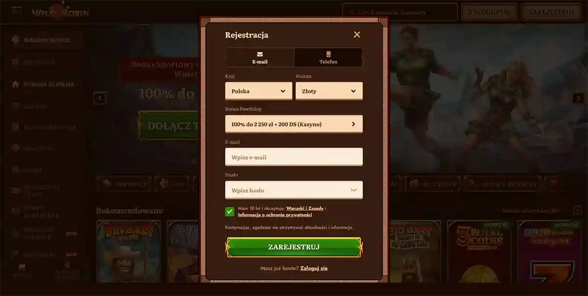 Online casino registration form showing country selection set to Poland and currency set to Polish złoty, with email and password fields, a welcome bonus of 100% up to €500 + 200 free spins, an age and terms confirmation checkbox, and a green “Register” button on a gaming-themed background.